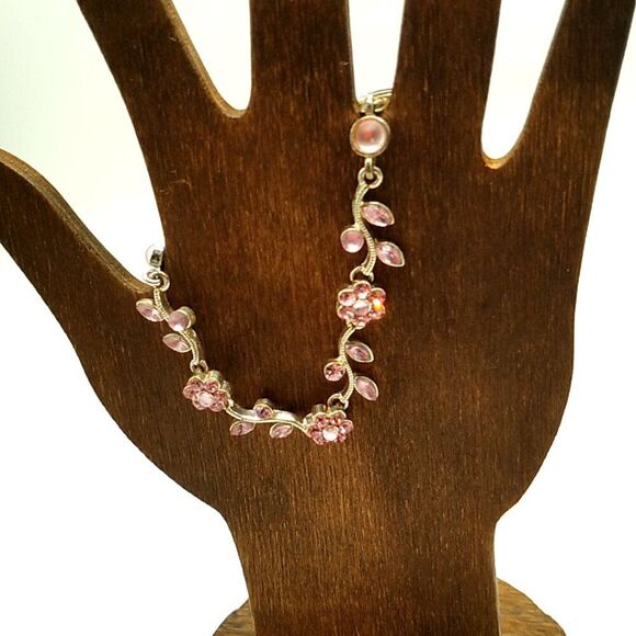 Dainty Pink Crystal Flower Vine Silver-tone Bracelet - Picture 6 of 12
